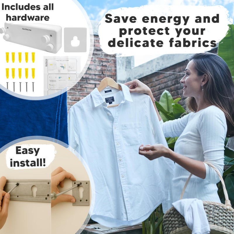 GorillaLine - Retractable Clothesline Indoor Outdoor Clothes Line - Heavy Duty Clothes Drying Laundry Line - Wall Mounted Drying Rack - Air Dry Clothing - Image 4